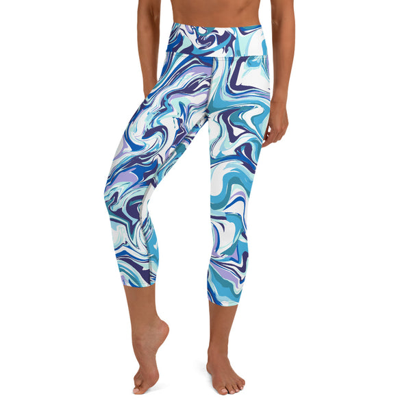 Blue Swirl Yoga Capri Leggings, Abstract Printed Women's Capris Tights-Made in USA/EU-Heidi Kimura Art LLC-Heidi Kimura Art LLC