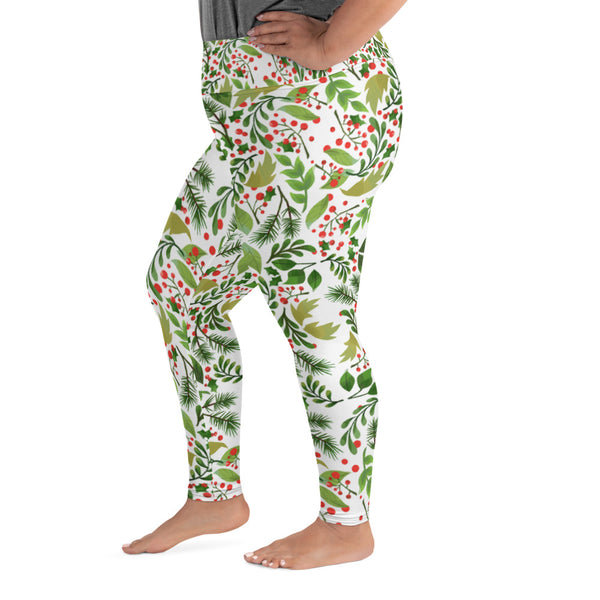 Christmas White Green Winter Floral Print Women's Plus Size Leggings- Made in USA/ EU-Women's Plus Size Leggings-Heidi Kimura Art LLC