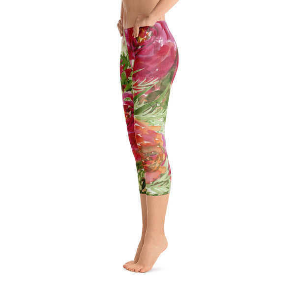 Orange Red Rose Floral Print Designer Capri Leggings Casual Outfit - Made in USA-capri leggings-Heidi Kimura Art LLC