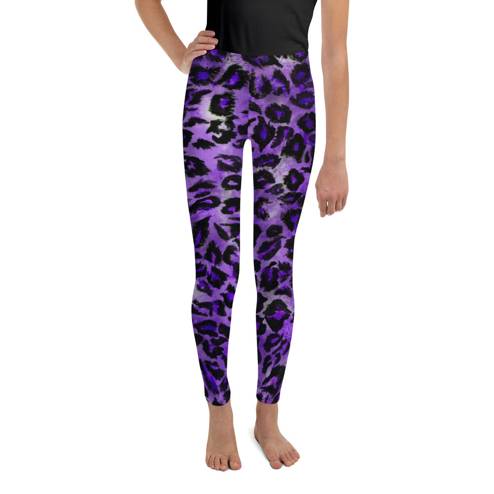 Purple Leopard Animal Print Premium Youth Leggings Tight Pants - Made in USA/EU-Youth's Leggings-8-Heidi Kimura Art LLC