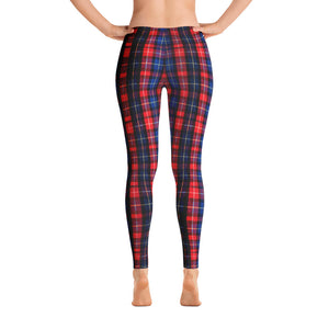 Red Plaid Polyester Spandex Elastic Women's Casual Leggings - Made in USA (US Size: XS-XL)-Casual Leggings-XS-Heidi Kimura Art LLC
