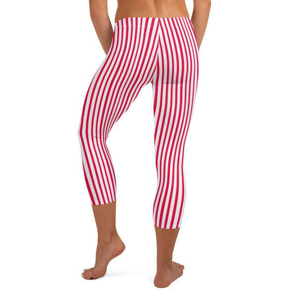 Red Red Striped Capri Leggings-Heidikimurart Limited -Heidi Kimura Art LLC Red White Striped Capri Leggings, Vertically Striped Circus Modern Striped Women's Casual Capris Tights, Fashionable Printed Athletic Casual Capri Leggings Yoga Pants For Ladies- Made in USA/EU/MX (US Size: XS-XL)