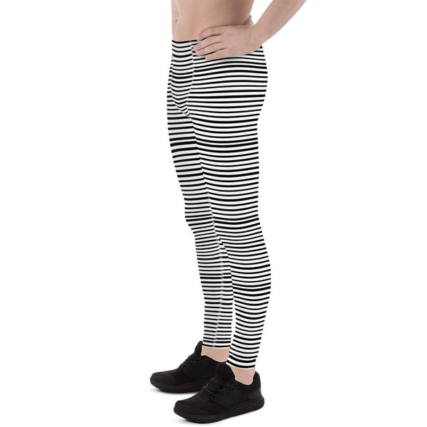 White Black Stripe Horizontal Print Premium Men's Leggings Meggings - Made in USA/EU-Men's Leggings-Heidi Kimura Art LLC