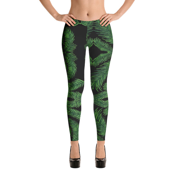 Green Tropical Leaves Leggings, Palm Leaf Print Women's Casual Tights-Made in USA/EU-Heidi Kimura Art LLC-XS-Heidi Kimura Art LLC