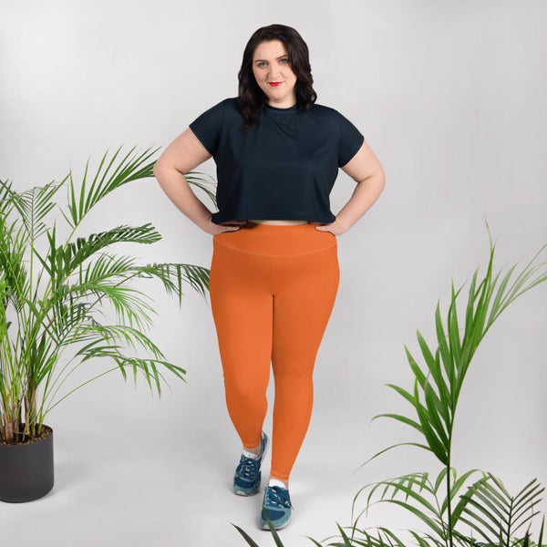Dark Orange Solid Color Print Women's Plus Size Best Quality Leggings- Made in USA/EU-Women's Plus Size Leggings-Heidi Kimura Art LLC