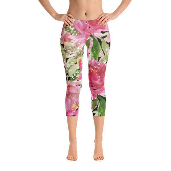 Pink Rose Floral Designer Women's Fashion Casual Capri Leggings - Made in USA-capri leggings-Heidi Kimura Art LLC