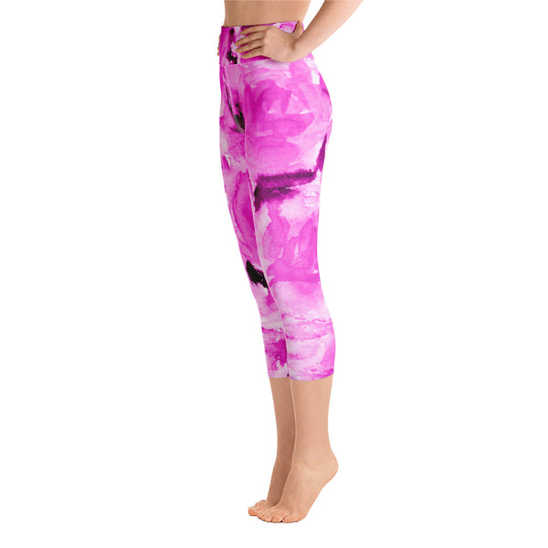 Pink Floral Print Women's Yoga Capri Pants Leggings With Pockets- Made In USA-Capri Yoga Pants-Heidi Kimura Art LLC