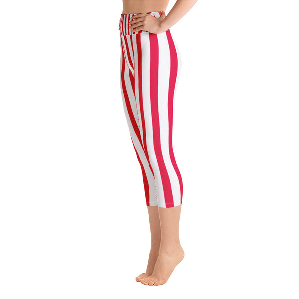 Red White Striped Women's Capri Pants, Vertically Stripe Print Capri Leggings- Made in USA/EU-Capri Yoga Pants-Heidi Kimura Art LLC