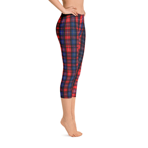 Red Plaid Print Women's Polyester Spandex Capri Leggings - Made in USA-capri leggings-Heidi Kimura Art LLC