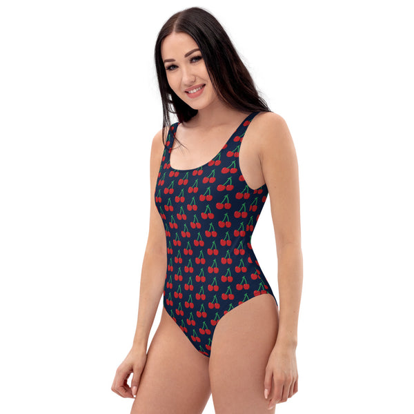 Blue Cherries One-Piece Swimsuit, Red Cherry Pattern Women's Swimwear-Heidi Kimura Art LLC-Heidi Kimura Art LLC