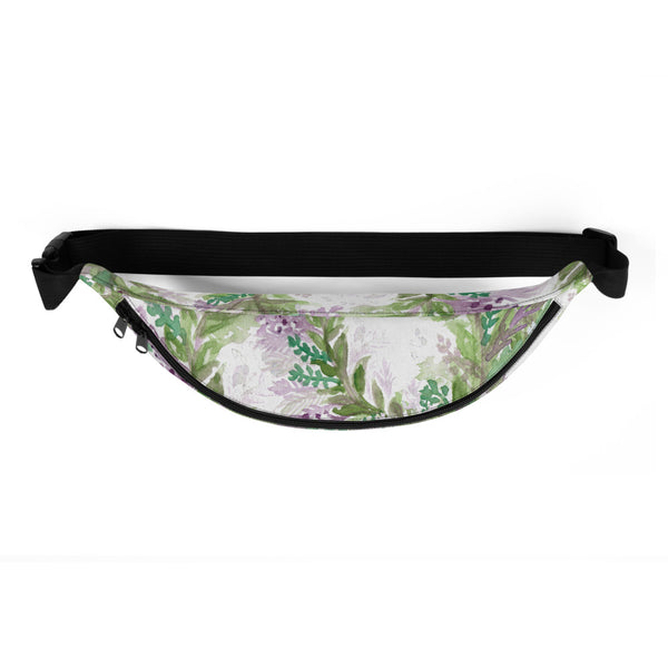 White Lavender Print Designer Over the Shoulder Fanny Pack- Made in USA/EU--Heidi Kimura Art LLC White Lavender Fanny Pack, Floral Print Designer Premium Quality Cute Unisex Water Repellent Best Fanny Pack Mini Over The Shoulder Bag/ Hip Pack/ Belt Waist Bag With Adjustable Waist/ Shoulder Belts For Men/ Women - Made in USA/ Europe (US Sizes: S, M, L)