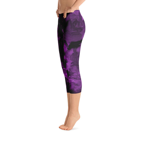 Mulberry Purple Rose Floral Designer Capri Leggings Outfit - Made in USA (US Size: XS-XL)-capri leggings-Heidi Kimura Art LLC
