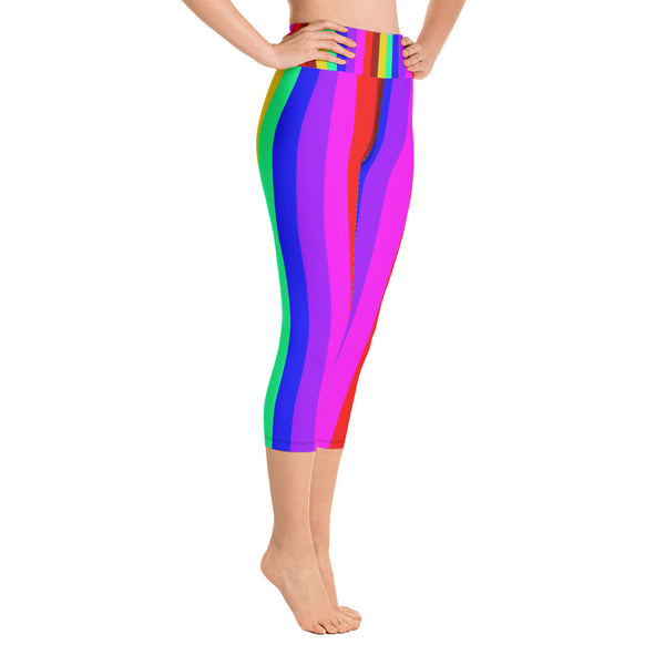 Rainbow Gay Pride Women's Yoga Capri Pants Leggings With Pockets - Made in USA-Capri Yoga Pants-Heidi Kimura Art LLC Rainbow Striped Capri Leggings, Rainbow Gay Pride Women's Yoga Capri Pants Leggings With Pockets Plus Size Available- Made In USA/EU (US Size: XS-XL)