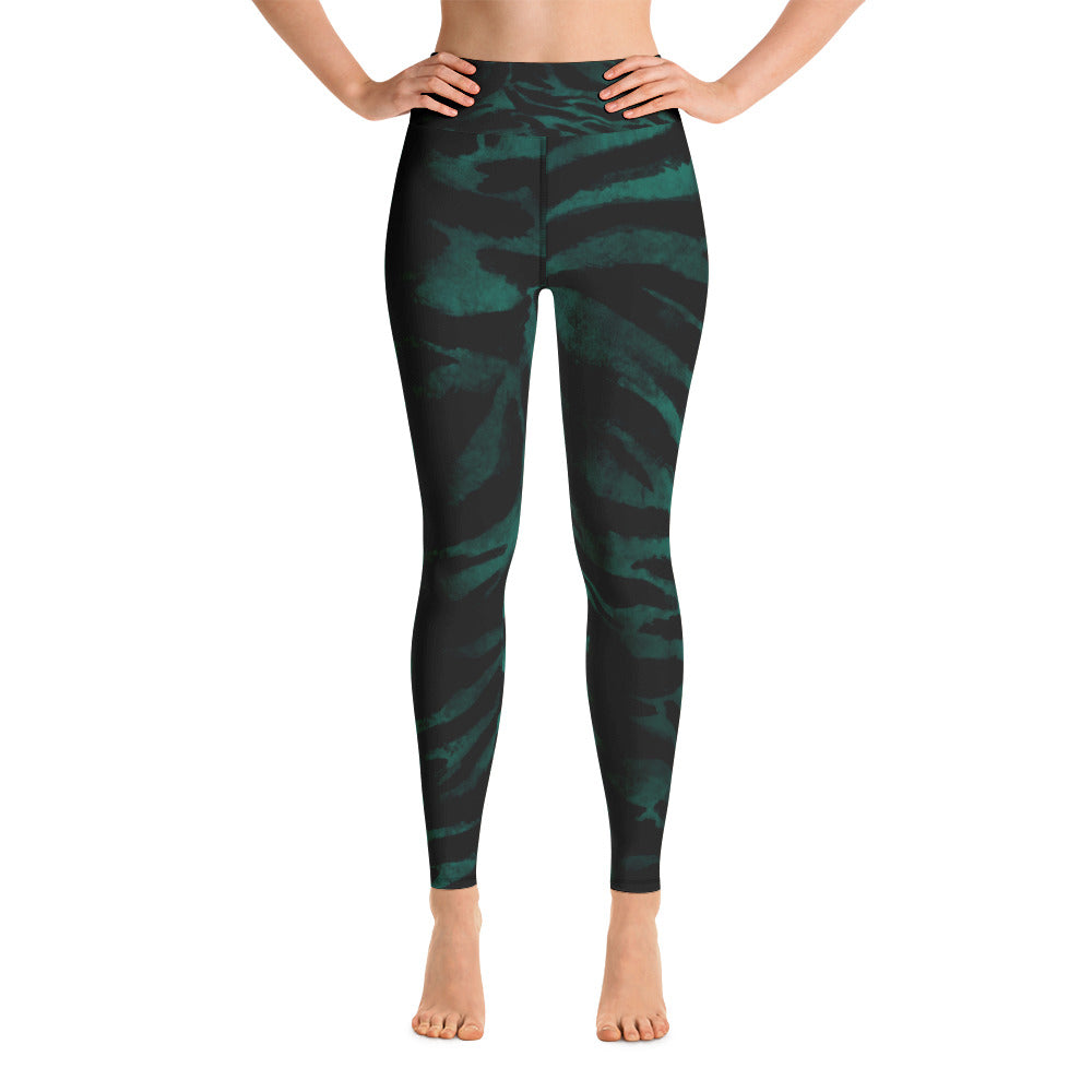Green Tiger Stripe Print Women's Leggings, Animal Print Long Yoga Pants- Made in USA/EU-Leggings-XS-Heidi Kimura Art LLC