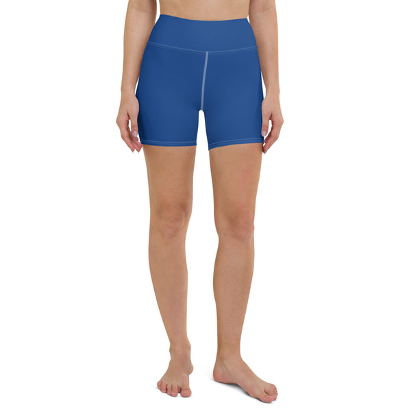 Blue Women's Yoga Shorts, Modern Solid Color Ladies Short Tights-Made in USA/EU-Heidi Kimura Art LLC-Heidi Kimura Art LLC Blue Yoga Shorts, Solid Color Modern Minimalist Premium Quality Women's High Waist Spandex Fitness Workout Yoga Shorts, Yoga Tights, Fashion Gym Quick Drying Short Pants With Pockets - Made in USA/EU (US Size: XS-XL)