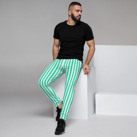 Turquoise Blue Striped Men's Joggers, Modern Vertical Stripes Casual Minimalist Slim-Fit Designer Ultra Soft & Comfortable Men's Joggers, Men's Jogger Pants-Made in EU (US Size: XS-3XL)