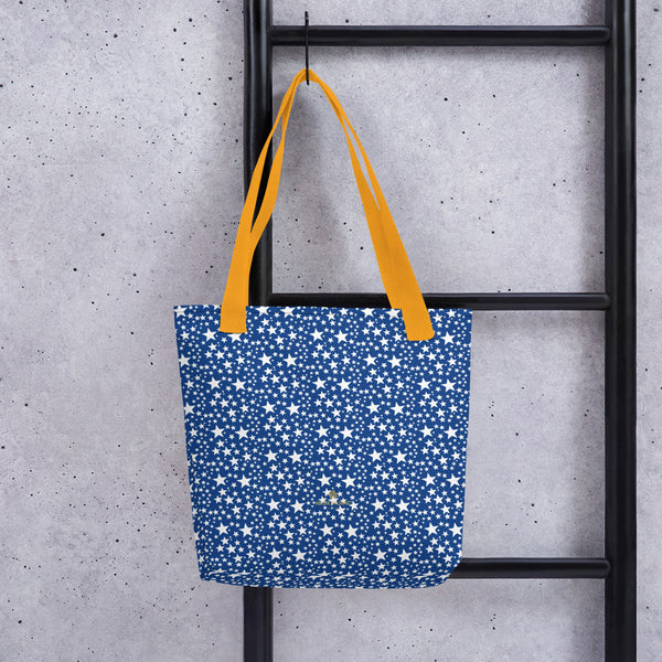Blue White Stars Pattern Print Designer 15"x15" Market Reusable Tote Bag- Made in USA/EU-Tote Bag-Yellow-Heidi Kimura Art LLC
