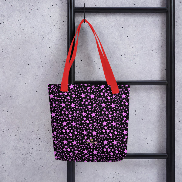 Black Pink Star Pattern Print 15"x15" Square Size Market Grocery Tote Bag - Made in USA/EU-Tote Bag-Red-Heidi Kimura Art LLC