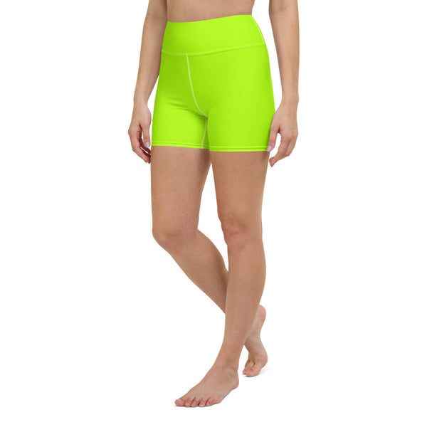 Neon Green Yoga Shorts, Solid Color Bright Women's Short Tights-Made in USA/EU-Heidi Kimura Art LLC-Heidi Kimura Art LLC Neon Green Ladies Yoga Shorts, Solid Color Modern Minimalist Premium Quality Women's High Waist Spandex Fitness Workout Yoga Shorts, Yoga Tights, Fashion Gym Quick Drying Short Pants With Pockets - Made in USA/EU (US Size: XS-XL)