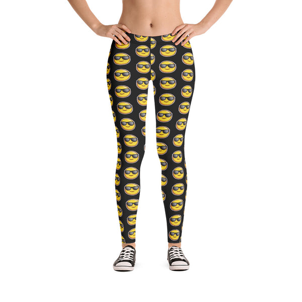 Black Sunshine Emoji Casual Leggings, Women's Tights-Made in USA/EU-Heidi Kimura Art LLC-Heidi Kimura Art LLC