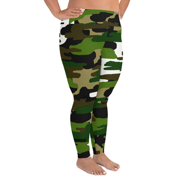 Green Camouflage Military Army Print Women's Long Yoga Pants Plus Size Leggings-Women's Plus Size Leggings-Heidi Kimura Art LLC