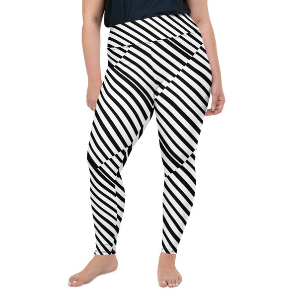 Diagonal Black White Stripe Designer Print Plus Size Leggings Pants- Made in USA/ EU-Women's Plus Size Leggings-2XL-Heidi Kimura Art LLC