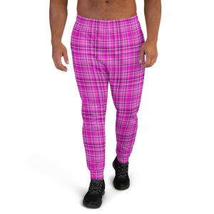 Pink Tartan Plaid Print Fashion Men's Joggers Jogging Bottoms Sweatpants - Made in EU-Men's Joggers-XS-Heidi Kimura Art LLC