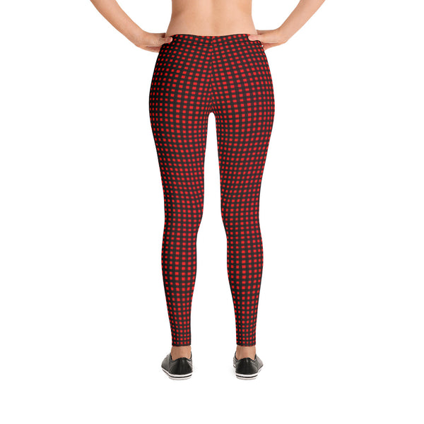 Buffalo Red Plaid Print Leggings, Best Christmas Party Long Tights, Women's Dressy Marble Women's Long Dressy Casual Fashion Leggings/ Running Tights - Made in USA/ EU/ MX (US Size: XS-XL)