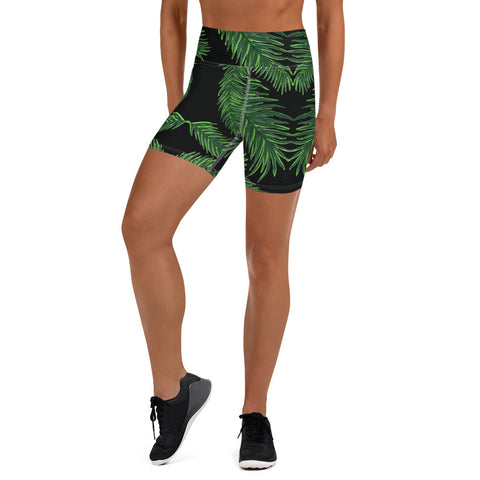 Green Palm Leaf Yoga Shorts, Tropical Leaves Print Women's Short Tights-Made in USA/EU-Heidi Kimura Art LLC-XS-Heidi Kimura Art LLC Green Palm Leaf Yoga Shorts, Tropical Leaves Print Women's Elastic Stretchy Shorts Short Tights -Made in USA/EU (US Size: XS-3XL) Plus Size Available, Tight Pants, Pants and Tights, Womens Shorts, Short Yoga Pants