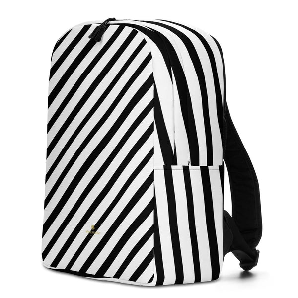 Black White Diagonal Stripe Print Modern Minimalist Backpack Laptop Bag- Made in EU-Minimalist Backpack-Heidi Kimura Art LLC