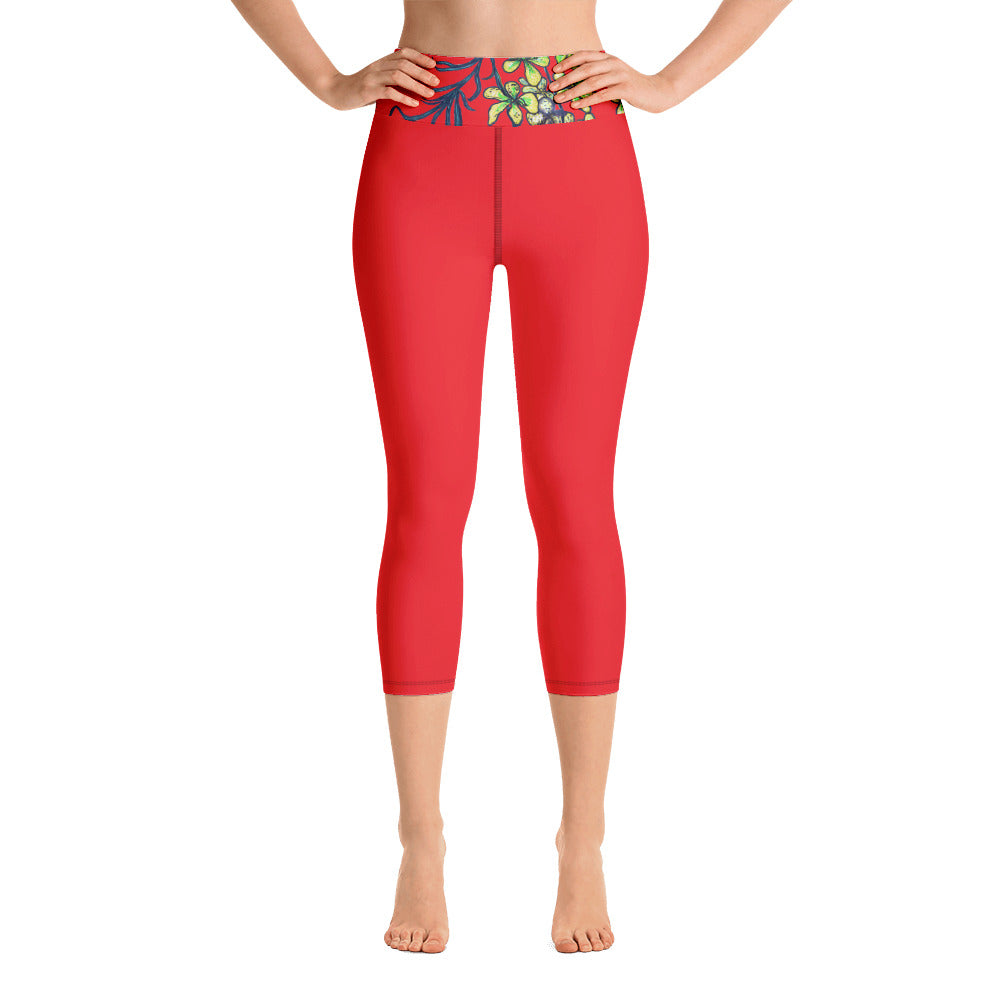 Bright Red Yoga Capri Leggings, Women's Floral Print Capris Tights-Made in USA/EU-Heidi Kimura Art LLC-XS-Heidi Kimura Art LLC