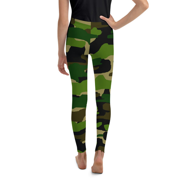Girl Military Green Camouflage Active Wear Sports Gym Youth Leggings, Made in USA/EU-Youth's Leggings-Heidi Kimura Art LLC