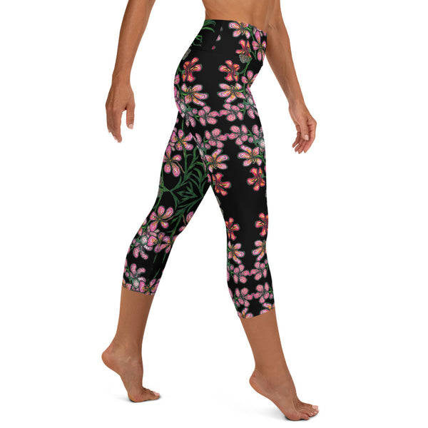 Pink Floral Yoga Capri Leggings, Orchids Flower Print Best Floral Print Women's Yoga Capri Leggings Pants High Performance Tights- Made in USA/EU (US Size: XS-XL)