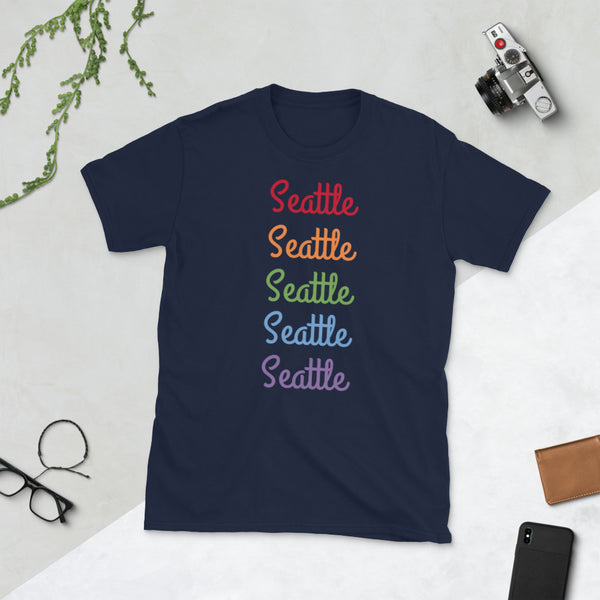 Fun Seattle Gay Pride Parade Rainbow Short-Sleeve Unisex T-Shirt (US Size: S-3XL)-T-Shirt-Navy-S-Heidi Kimura Art LLC