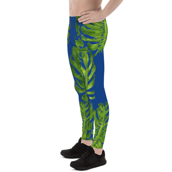 Blue Green Tropical Leaf Print Designer Men's Leggings- Made in USA/EU (US Size: XS-3XL)-Men's Leggings-Heidi Kimura Art LLC Blue Tropical Meggings, Blue Green Tropical Palm Leaf Men's Skinny Compression Tights Meggings Leggings-Made in USA/EU (US Size: XS-3XL)