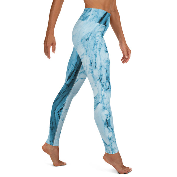 Blue Marble Yoga Leggings, Abstract Print Women's Yoga Pants-Heidi Kimura Art LLC-Heidi Kimura Art LLC