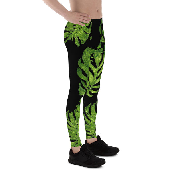 Tropical Print Meggings, Black Green Palm Print Men's Leggings Tights -Made in USA/EU-Men's Leggings-Heidi Kimura Art LLC