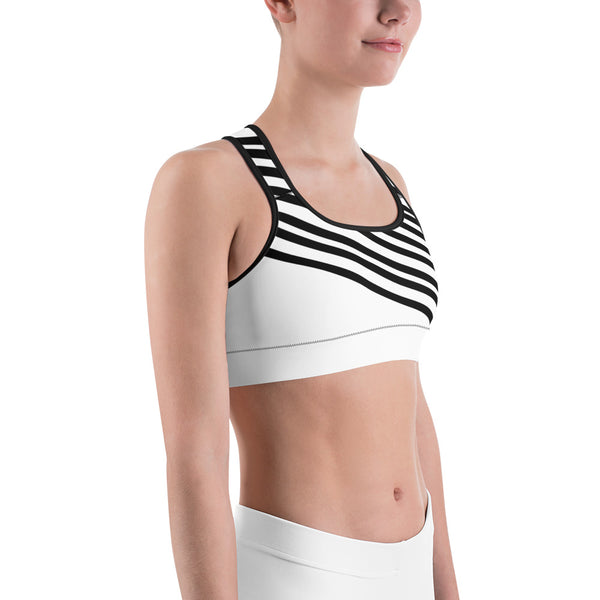 Classic White Black Diagonal Stripe Print Women's Sports Fitness Bra-Made in USA/EU-Sports Bras-Heidi Kimura Art LLC