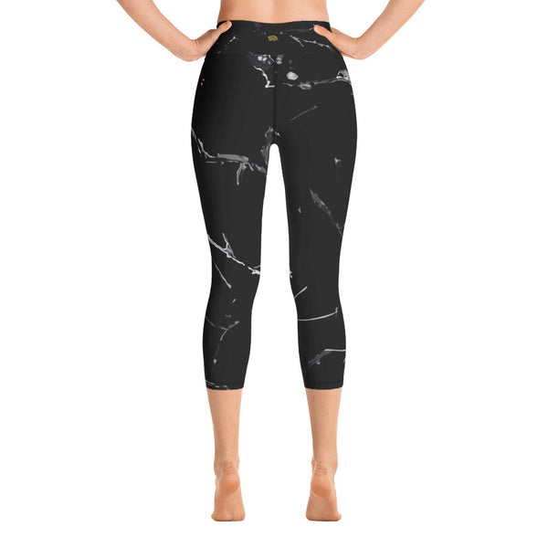 Black Marble Print Capri Leggings, Abstract Women's Yoga Stretchy Pants-Made in USA/ EU-Capri Yoga Pants-Heidi Kimura Art LLC