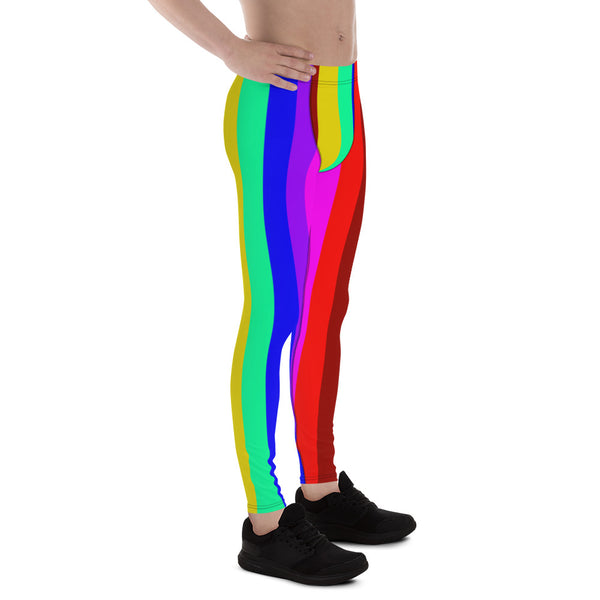 Colorful Rainbow Stripes Print Men's Running Leggings Meggings Activewear Pants-Men's Leggings-Heidi Kimura Art LLC Colorful Rainbow Striped Meggings, Colorful Rainbow Stripes Men's Running Leggings & Run Tights Meggings Activewear- Made in USA/ Europe (US Size: XS-3XL)