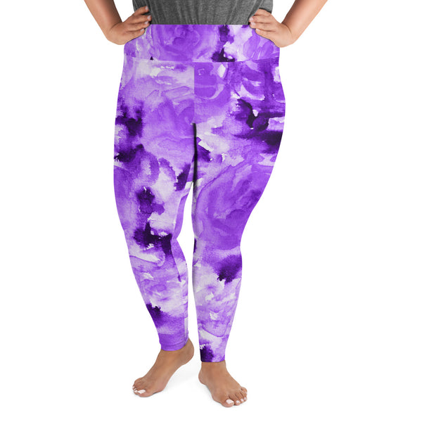 Purple Floral Plus Size Leggings, Abstract Flower Plus Size Leggings, Sporty Modern Women's Premium High Rise Ankle Length Plus Size Leggings - Made in USA/EU (US Size: 2XL-6XL)