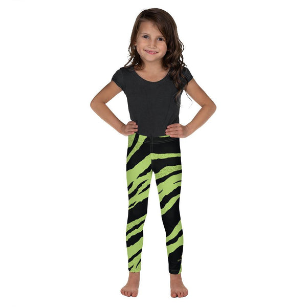 Green Tiger Stripe Print Kid's Workout Running Leggings Comfy Pants- Made in USA/EU-Kid's Leggings-2T-Heidi Kimura Art LLC