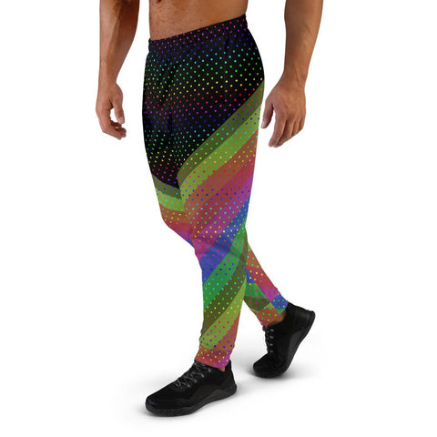 Black Rainbow Stripes and Polka Dots Bestselling Men's Joggers - Made in EU-Men's Joggers-Heidi Kimura Art LLC Black Rainbow Men's Joggers, Black Rainbow Stripe and Polka Dots Print Designer Rave Party Gay-Friendly Designer Ultra Soft & Comfortable Men's Joggers, Men's Jogger Pants-Made in EU (US Size: XS-3XL