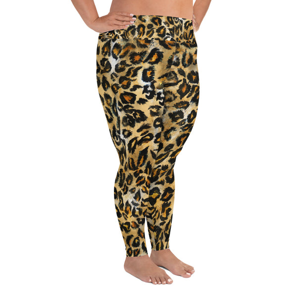 Leopard Print Plus Size Leggings, Women's Animal Print Long Yoga Pants-Made in USA/EU-Women's Plus Size Leggings-Heidi Kimura Art LLC