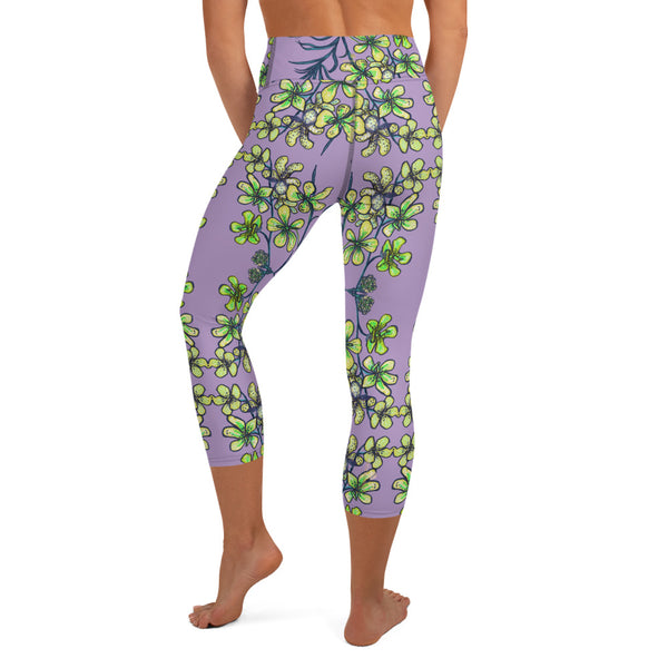 Purple Orchid Yoga Capri Leggings, Yellow Capris Tighst-Made in USA/EU-Heidi Kimura Art LLC-Heidi Kimura Art LLC