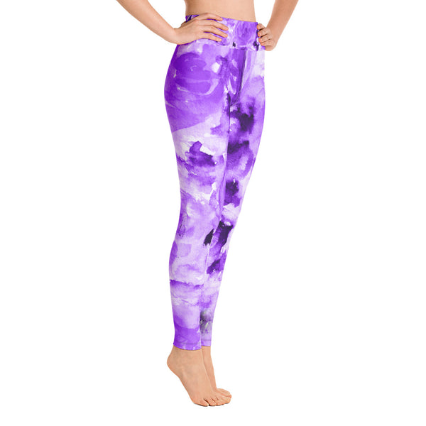 Purple Abstract Rose Floral Ocean Yoga Leggings/ Long Yoga Pants - Made in USA-Leggings-Heidi Kimura Art LLC Purple Abstract Rose Women's Leggings, Purple Abstract Rose Floral Ocean Print Yoga Leggings/ Long Yoga Pants - Made in USA/EU (US Size: XS-XL)