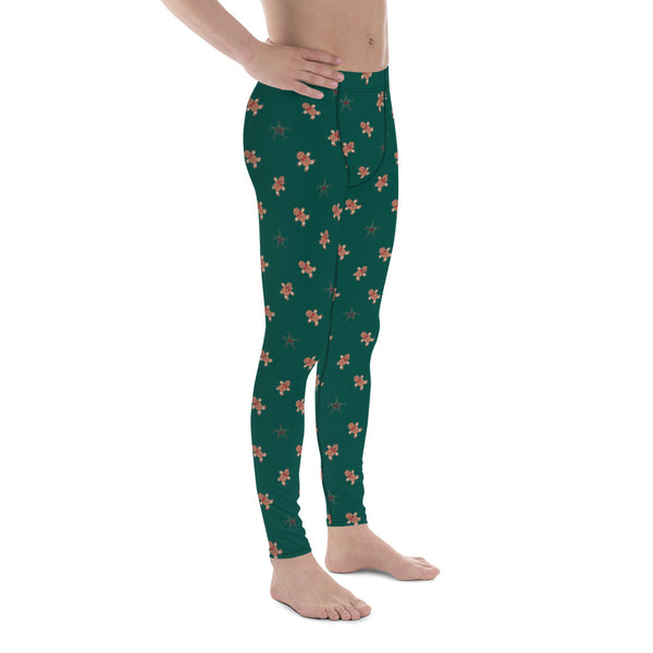 Brown Gingerbread Men Cookie Christmas Print Men's Running Christmas Meggings-Men's Leggings-Heidi Kimura Art LLC Brown Gingerbread Meggings, Brown Gingerbread Men Cookie Dark Green Christmas Print Men's Running Christmas Men's Running Leggings & Run Tights Meggings Activewear- Made in USA/ Europe (US Size: XS-3XL)