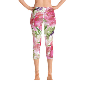 Pink Rose Girlie Floral Women's Athletic Capri Leggings Activewear - Made in USA-capri leggings-XS-Heidi Kimura Art LLC