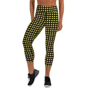 Yellow Buffalo Capris Leggings, Plaid Print Yoga Capri Women's Tights- Made in USA/EU-Capri Yoga Pants-XS-Heidi Kimura Art LLC