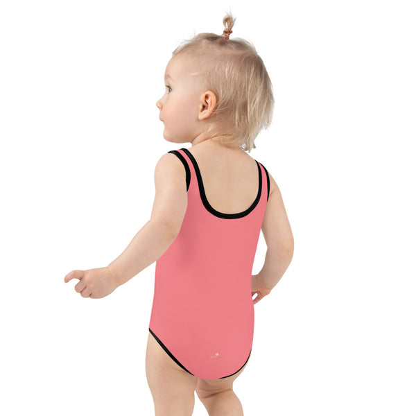 Peach Pink Girl's Swimwear, Solid Color Print Kids Swimsuit-Heidi Kimura Art LLC-Heidi Kimura Art LLC